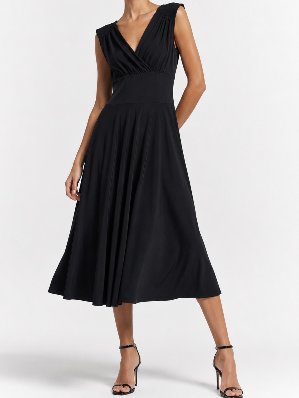 KAMALI-KULTURE Sleeveless Black V-Neck Midi Dress w Defined Waist